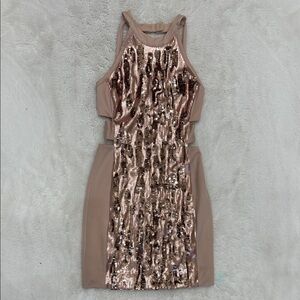 Bebe Backless Sequin Dress in Rose Gold